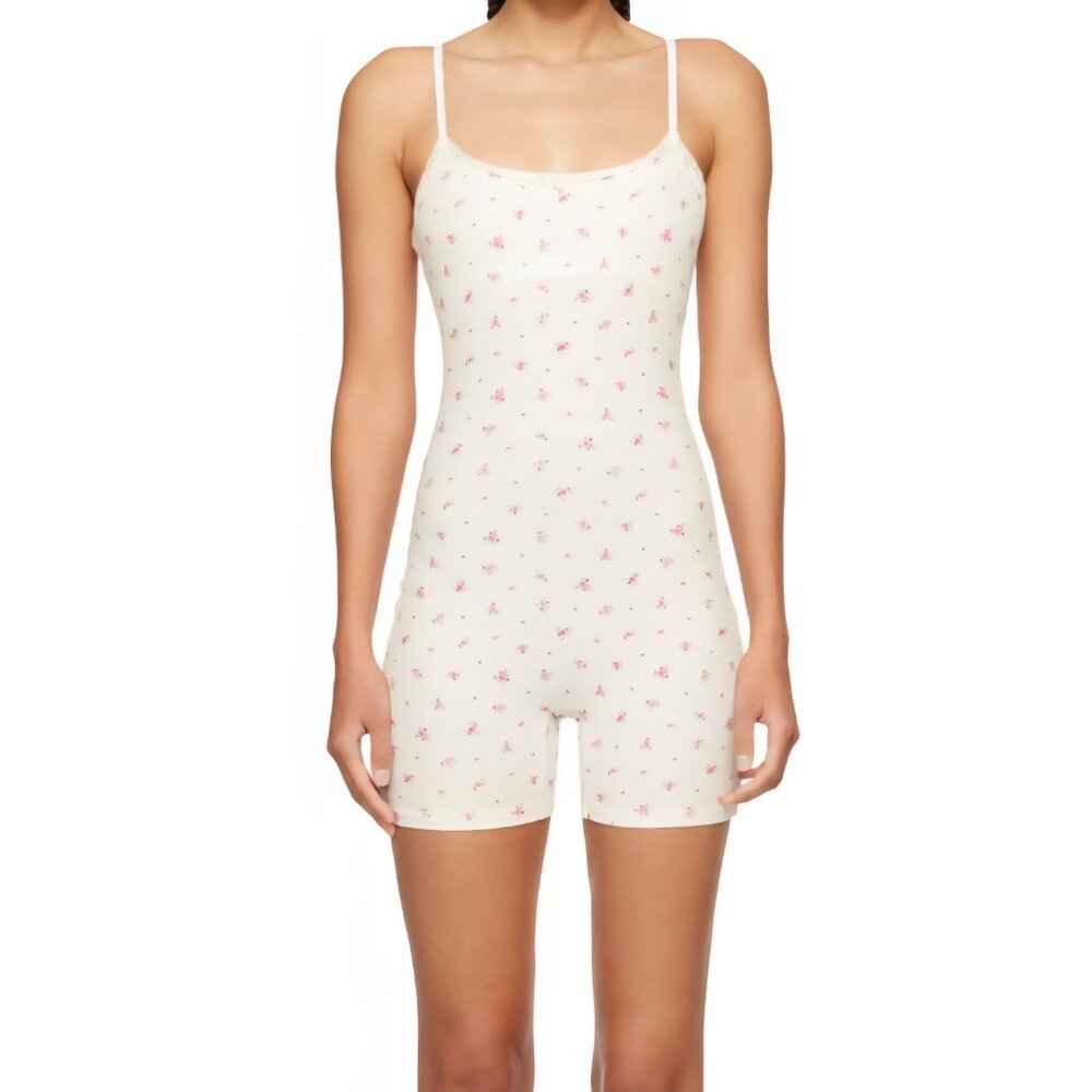 Skims White Soft Lounge Lace Scoop Onesie Romper Neon Orchid Rose Sz Medium